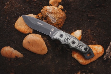 The TOPS Cochise fixed blade knife with its tactical gray hunter's point blade and black linen Micarta handle