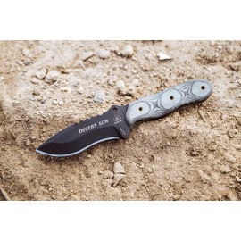 TOPS Desert Son compact fixed blade knife featuring a black recurve blade with jimping and a layered, light-toned ergonomic Black Linen Micarta handle.